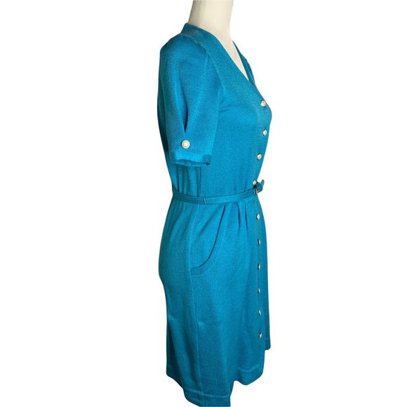 Vintage 70s Leslie Fay Button Down Dress 6 Blue Knit V Neck Belted Union Made - Picture 5 of 7